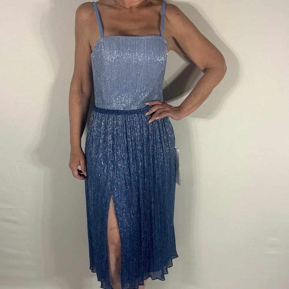 DRESS THE POPULATION BLUE SHIMMER MIDI M